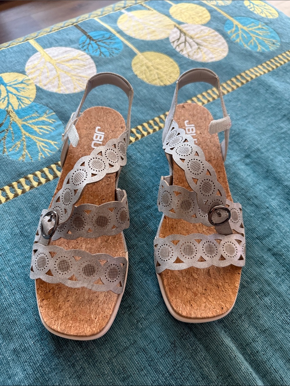 JBU Women's Silver-Taupe Laser-Cut Cork Wedge Sandals